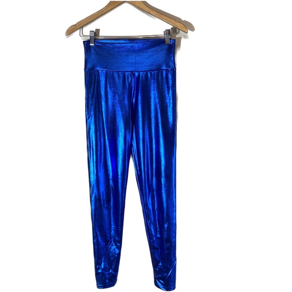 Shine Liquid Metallic Blue - High Waist Stretch Leggings Pants - Picture 4 of 11